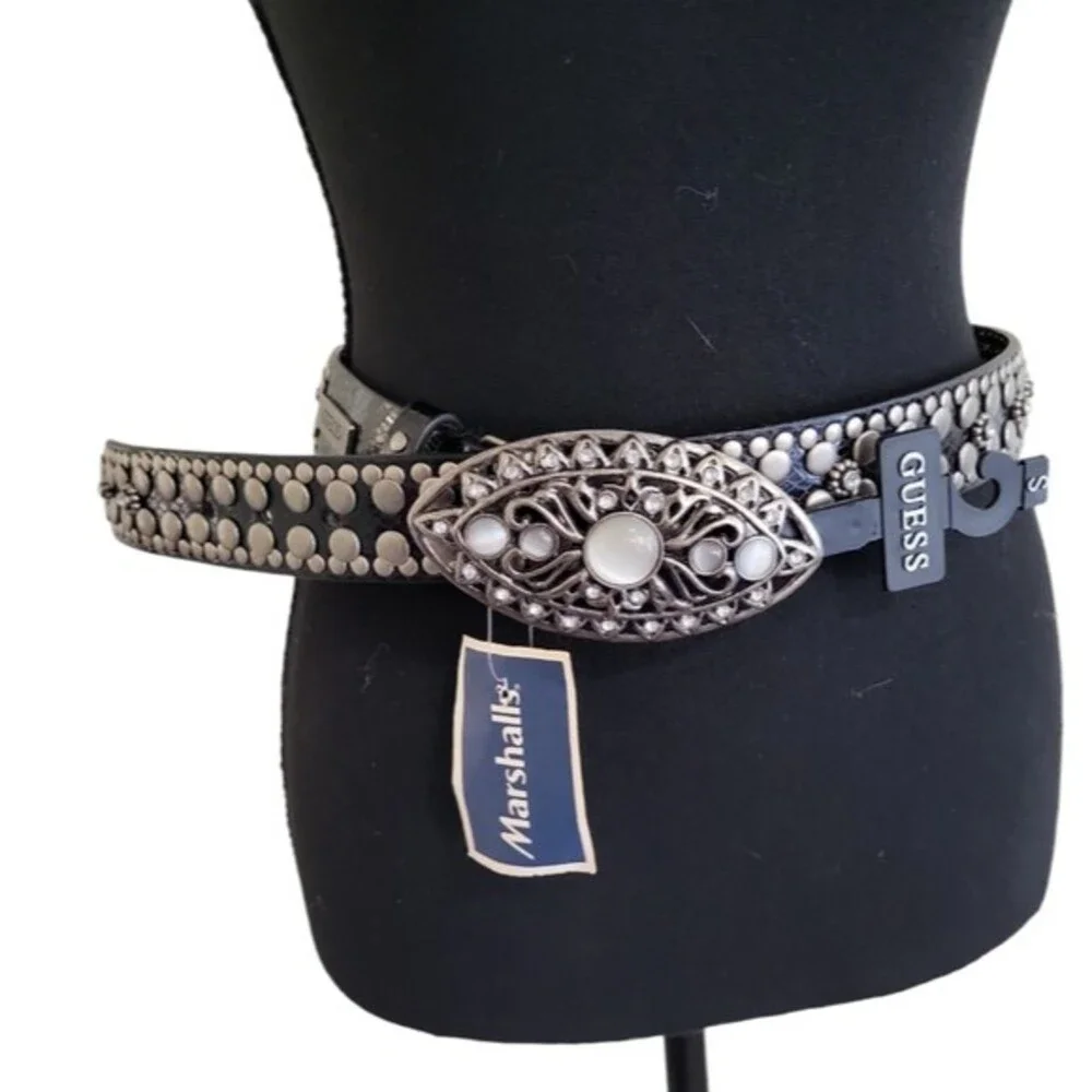 NWT Vintage Guess women's rhinestone Synthetic face and back boho belt, black, S